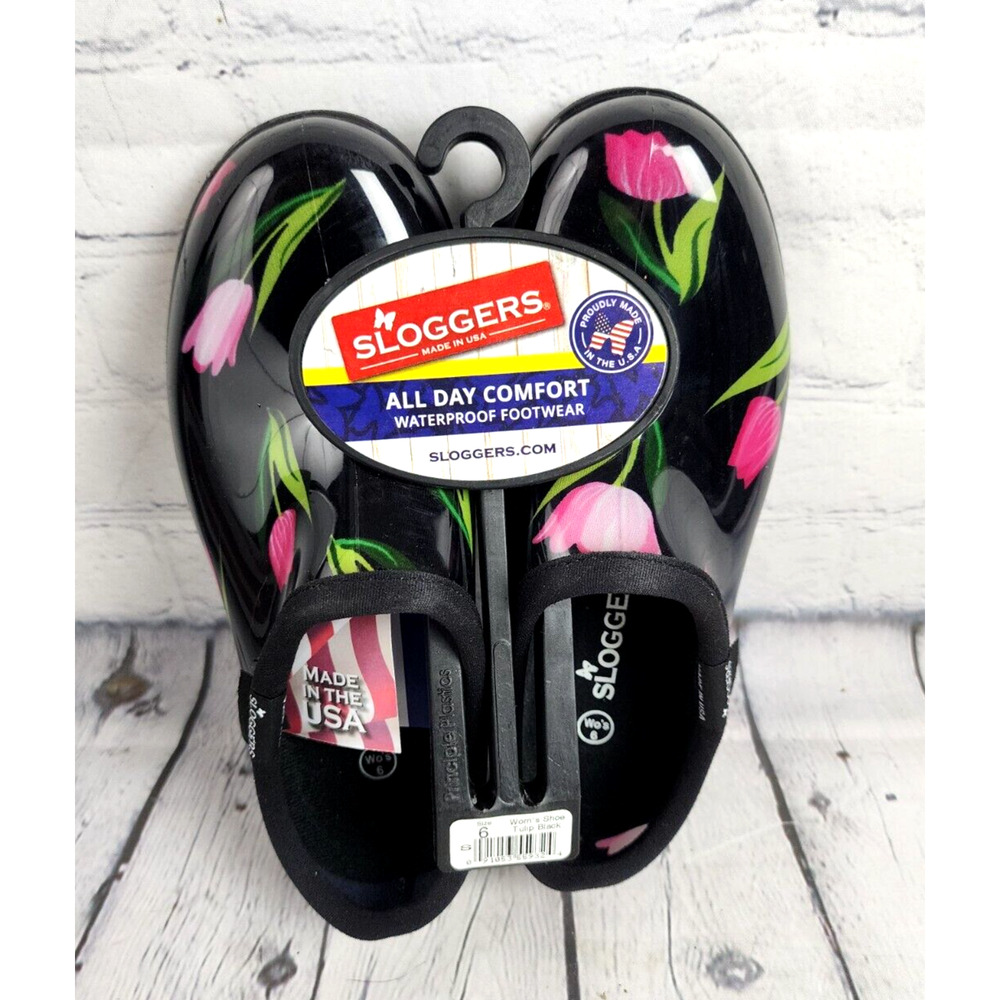 Sloggers Women’s Waterproof Gardening Shoes Black with Pink Tulips Sz 6